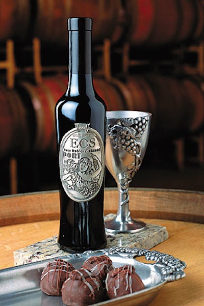 EOS Winery's graceful port bottle is adorned with an oval p-s label made of embossed flexible pewter.
