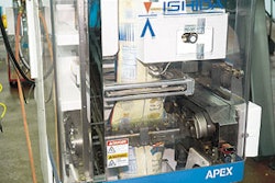 Each of eight new vertical form/fill/seal machines like the one shown here can fill any of Golden Flake's potato chip varieties,