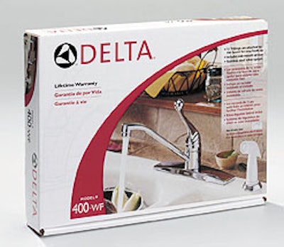 Delta Faucet redesigned its carton exteriors for retail-bound packs (left) and for its trade customers (above). More colorful pr