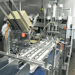 Tubs of salad are conveyed to the multipacker in three lanes (above) where a set of vacuum pick-up heads (left) facilitates prod