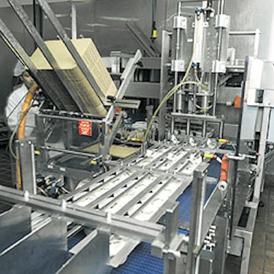Tubs of salad are conveyed to the multipacker in three lanes (above) where a set of vacuum pick-up heads (left) facilitates prod
