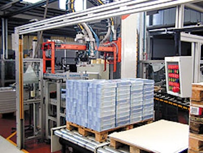 Among the automated machines that Grafiche Gelmini monitors on its new network is this palletizer, which stacks wrapped bundles