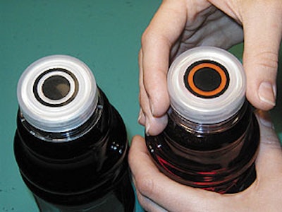 The patented HeiLighter tamper-evident closure is shown unopened (left) and after opening, displaying an irreversible color chan