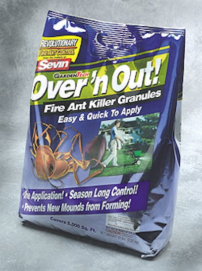 New insecticide appearing this month uses stand-up packaging with glitzy eight-color flexo printing to lure consumers. A die cut