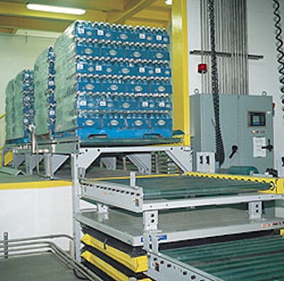 This hydraulic lift raises full, stretchwrapped pallets up to the level of the warehouse floor.