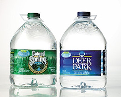 Stronger and better looking: Consumer-preferred PET gives Perrier's water jugs improved shelf presence versus HDPE. The PET jug'