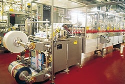 One of two horizontal form/fill/seal pouch machines produces the Wyler's Soup Starter packs.