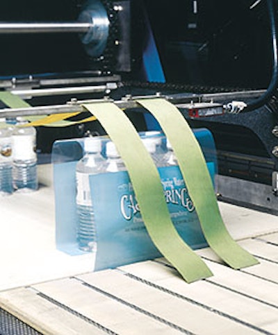 New printed shrink film unsupported bundles (left) offers the company new merchandising possibilities, while the tray overwrap s
