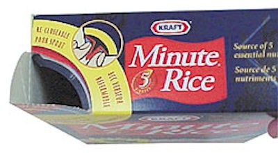 In Canada, Kraft is now packaging its Minute Rice in a patented new folding carton with an integral, easy-opening pour spout. If