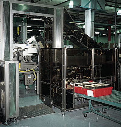 Sanford's bulk loading system also with cartoner and case packer features a conveyor bridge that permits one operator to attend