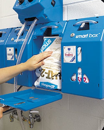 A maintenance worker places the new Smart Sac Stand-up Pouch inside the Smart Box containing unit for proportioning and dispensi