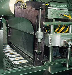 Robotic pick-and-place tool (top) loads eight trays at a time into carrier plates that deliver the trays to the evacuation/backf