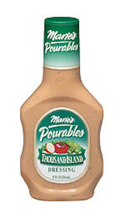 Dean Foods' newly introduced Marie's Pourables is a line of PET-bottled fresh salad dressings sold in the refrigerated case. The
