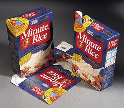 In two languages, the Kraft Canada Minute Rice box extols the new easy-open, easy-reclose feature that is an integral part of th