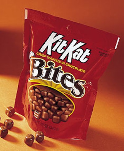 Kit Kat Bites are packaged in this 12-oz stand-up pouch on two lines that were moved to Hershey's Hazleton, PA, plant.