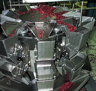 A 10-bucket combination scale feeds a steady supply of sweetened dried cranberries to each waiting case (inset).