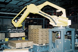 Frame-mounted 4-axis robot uses vacuum cups to assemble cases of cartoned milk three at a time.