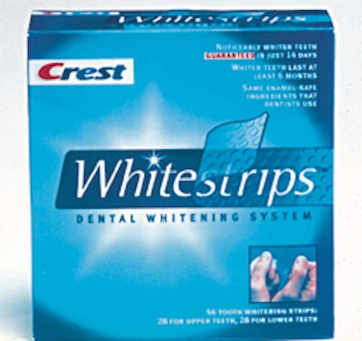 P&G's new Crest Whitestrips contain 56 individually wrapped dental whitening strips packed in this colorful folding carton.