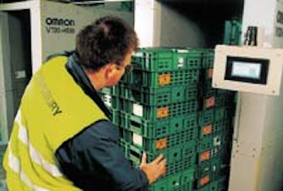 Wheeled dollies (top) of reusable plastic crates filled with chilled foods are rolled through portal readers at the Tibbett & Br