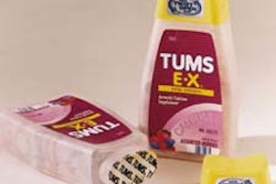 The redesigned Tums package (left) features a snap-on/twist-off cap and an oval-shaped neck finish that is induction-sealed on a