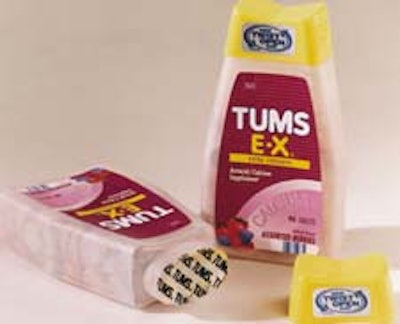 The redesigned Tums package (left) features a snap-on/twist-off cap and an oval-shaped neck finish that is induction-sealed on a
