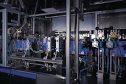 On the FBM 20 hf/f/s pouch machine, printed film is side-sealed (below left) as it indexes from left to right. In the 'duplex' m