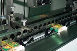 At Southland Bagel, preglued sleeves are erected and placed in a flighted conveyor (left) so operators can slide pizza bagels in