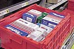 Totes in tall (above right) and medium (above and right) heights are filled with prepackaged auto supplies at the Pep Boys' Ches