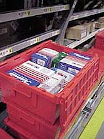 Totes in tall (above right) and medium (above and right) heights are filled with prepackaged auto supplies at the Pep Boys' Ches