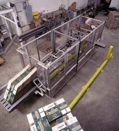 The case erector in the foreground and the basket-carrier erector beside it both feed into a third machine that stuffs carriers