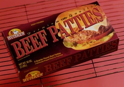 Carton contains two four-count stacks of electron-beam treated patties.
