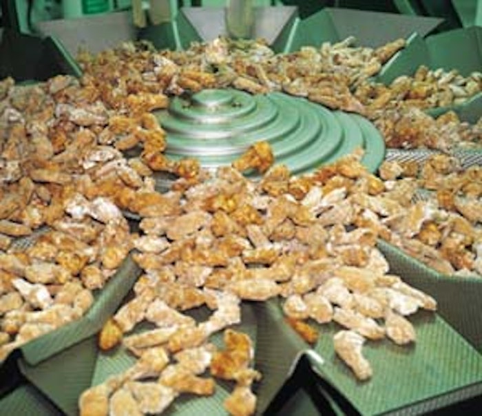 Frozen chicken wings are fanned out to individual weigh buckets by a dispersal cone (above). Bagged chicken drops out of the vf/