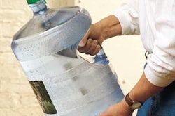 Perrier's 5-gal handled bottle gives consumers a better grip (top). A new modular rack system (above) cradles the bottles and pr