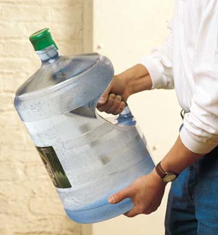 Perrier's 5-gal handled bottle gives consumers a better grip (top). A new modular rack system (above) cradles the bottles and pr