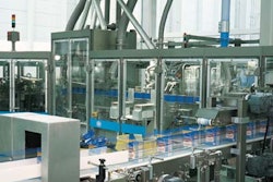 Moving spouts (inset) travel with the bags as they fill three bags simultaneously. The entire packaging line (above) is controll