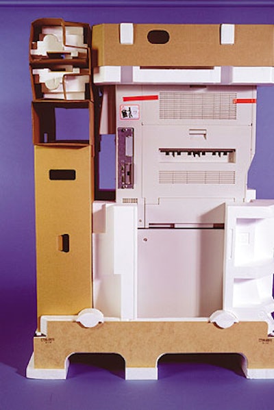 The laser printer is nestled in 59 pieces of protective packaging (top) and is equipped with a special molded foam ramp (bottom)