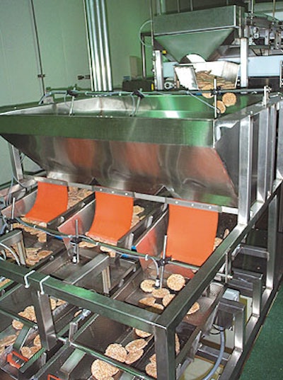 Sausage patties exit the freezer on a conveyor and flow into a pivot pan that feeds patties into a bulk-and-dribble scale (right