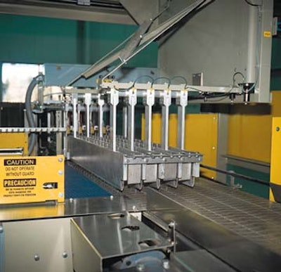 Freshly blown bottles are collated by this row-former and then swept to the left onto a matte-top conveyor. Bottles are held on
