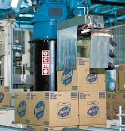 A robotic gripper places a case (above) onto a pallet at Marcal's Elmwood Park, NJ, facility. The facility employs two robotic p
