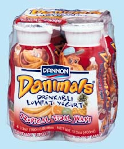 While Kellogg's Snack'Ums are aimed at kids age 8 to 12 (above), Dannon's new drinkable yogurt (left) is for the 3- to 8-year-ol