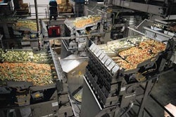 Seen in the foreground and background (below left) are unusual blending scale systems that deliver IQF vegetables (such as those