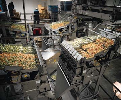 Seen in the foreground and background (below left) are unusual blending scale systems that deliver IQF vegetables (such as those