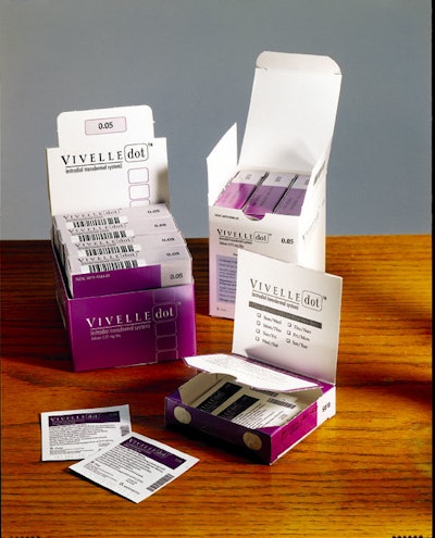 Vivelle-Dot patches are heat-sealed in individual pouches. Pouches are packed into individual folding cartons, visible to the ri