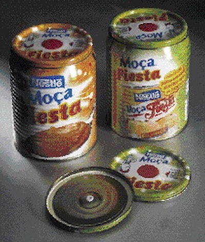 On the food-contact side, the can end has a white plastisol compound applied to the entire perimeter and a small plastisol dot