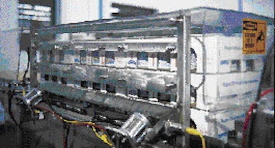 A close-up of the stacking machine shows the three sets of three-high cases of yogurt. Based on the stacker?s success, Stonyfie