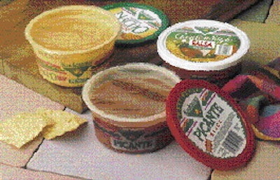Peelable lidstock is heat-sealed to hot-filled cups of salsa (left) on an intermittent-motion cup filling machine. Before sealin