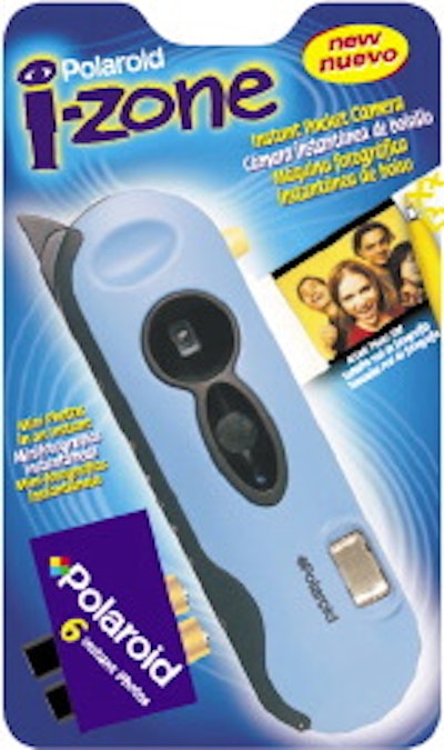 The RF-sealed blister pack that Polaroid developed for global sales of its I-Zone pocket camera is shown here (left) as it will