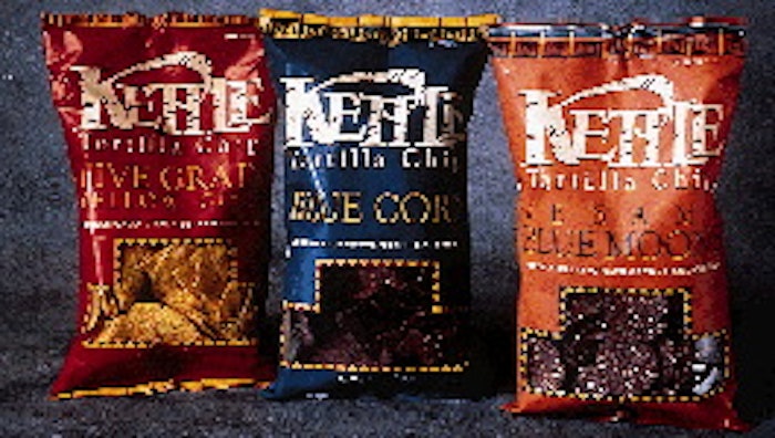 Kettle Foods wanted to keep the paper look of their previous bags but put in a window so customers could see the tortilla chips
