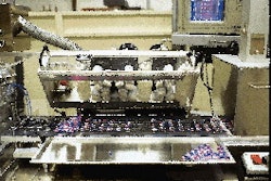 The brush box feeder (far left), shown lifted off the web, uses a series of brushes to distribute tablets into cavities. Interna