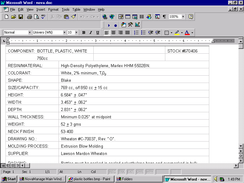 Packaging specs such as this one, including container drawings from vendors, are maintained and accessed electronically by those